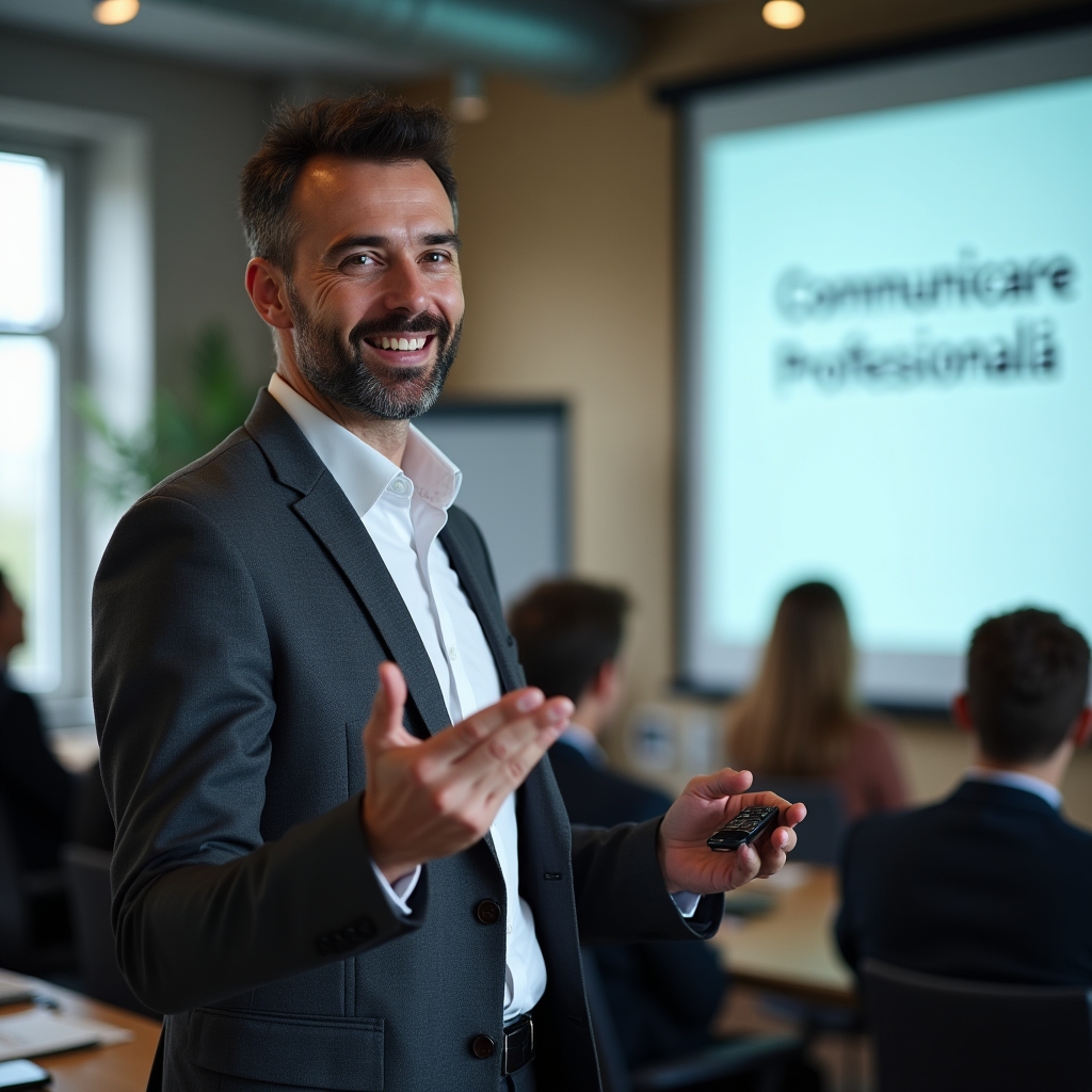 Facilitator prezentând conținut de formare unui grup de profesioniști