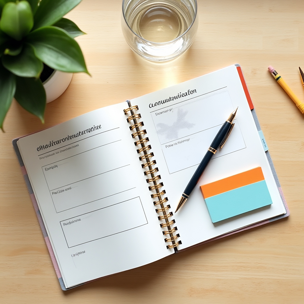 Materiale de lucru pentru un workshop de comunicare profesională pe un birou modern